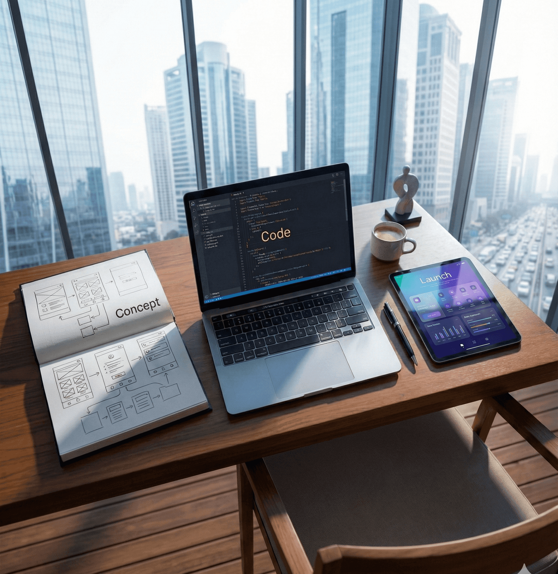 Laptop, tablet and a coffee mug in a studio apartment.
