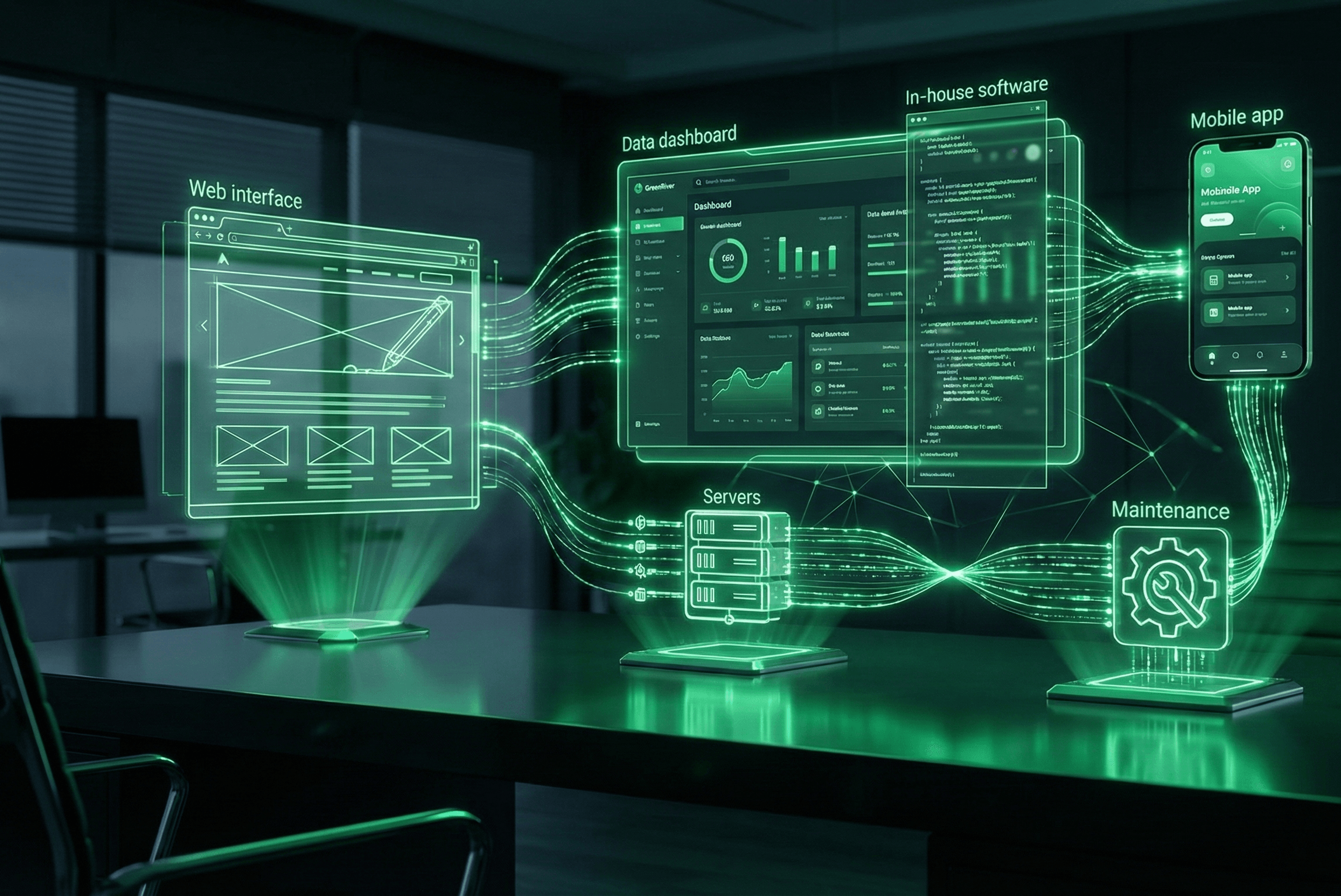 A PC with a holographic way of showing websites, apps, software development and server configuration.